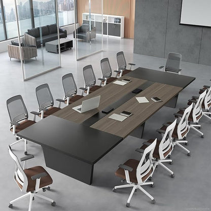 10FT Conference Table, Large Rectangular Seminar Meeting Table, Modern Conference Room Table with Cable Management & 2" Thickened DeskTop for Office Meeting (Oak + Grey, 118"L * 51"W * 30"H)