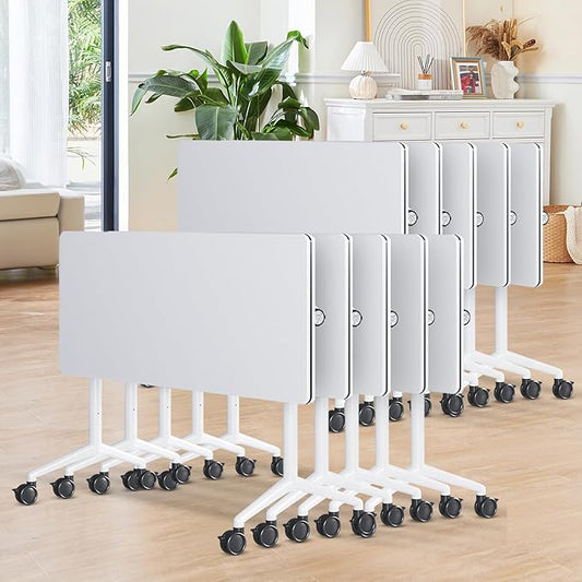 Conference Room Table, 55 Inch Folding Conference Tables with Wheels, Modern Office Meeting Table, Easy Flip & Nest Design, Rectangular Seminar Tables with Metal Frame for 2-24 People(A 10PCS)