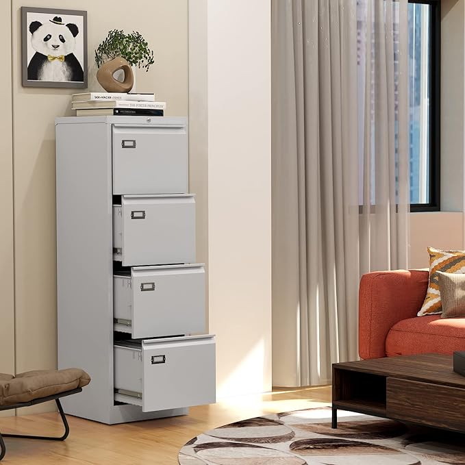 File Cabinets - 4 Drawers Vertical 17.8" Deep Lockable Filing Cabinet - White Metal Storage Cabinets for Home Office to Hanging Files Letter/Legal/F4/A4 Size