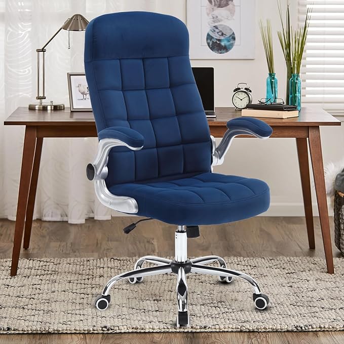 Fabric Office Chair, Velvet High Back Executive Desk Chair with Flip-Up Arms, Ergonomic Office Chairs with Lumbar Support, Upholstered Home Computer Chair with Wheels,Blue