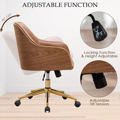 Genuine Leather Office Desk Chair, Adjustable Height Small Modern Comfortable Walnut Vanity Chair, Gold Legs Mid Back 360 Swivel for Home Office, Bedroom, Study, Meeting Room(Vintage Brown)