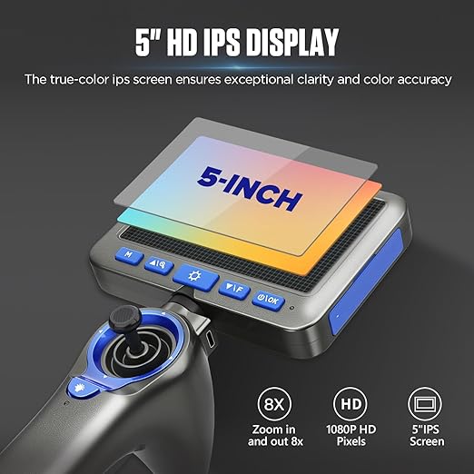 4-Way 360° Articulating Borescope with 6 Light, Endoscope Camera with 6.2mm Probe, 8X Zoom 5.0FT Semi-Rigid Cable Inspection Camera for Automotive Engine Pipe HVAC