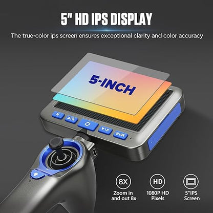 4-Way 360° Articulating Borescope with 6 Light, Endoscope Camera with 6.2mm Probe, 8X Zoom 5.0FT Semi-Rigid Cable Inspection Camera for Automotive Engine Pipe HVAC