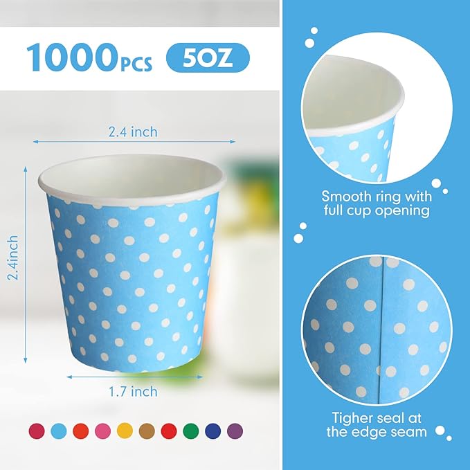 Thenshop 1000 Pack 5oz Paper Cups, Multicolor Small Disposable Cups, Dot Beverage Drinking Mini Mouthwash for Parties, Picnic, Travel, Barbecues and Event, 10 Colors
