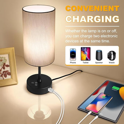 Unicozin Table Lamp for Bedroom, 3 Color Temperatures, 7 RGB Colors, Adjustable Brightness, Dual USB Charging Ports, Ambience Nightstand Light with Grey Shade, Desk Lamp for Kids Reading Home Office