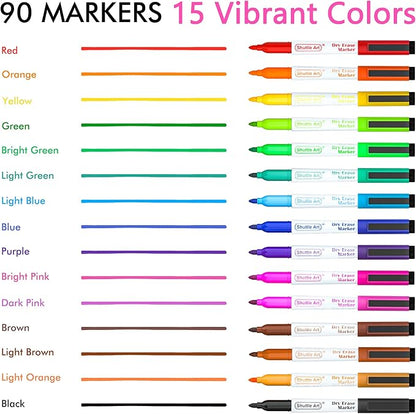 Shuttle Art Dry Erase Markers, 90 Bulk Pack 15 Colors Magnetic Whiteboard Markers with Erase, Fine Point Dry Erase Markers are Perfect for Writing on Whiteboard Mirrors Glass for School Office