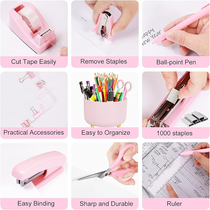 Desk Organizers and Accessories Set with 360-Degree Rotating Pen Holder, Tape Dispenser, Stapler, Staple Remover, 1000 Staples, Tape, Clips Set, Ruler, Scissor, Pen (Pink, 10 Pcs Set)