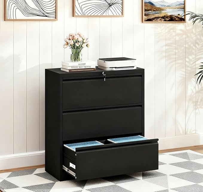 3-Drawer Lateral File Cabinet with Lock, Black Metal Filing Cabinet for Office or Home – Secure Storage for Letter/Legal/A4/F4 Documents, Easy to Assemble Locking File Organizer (Black, 3 Drawer-40"H)