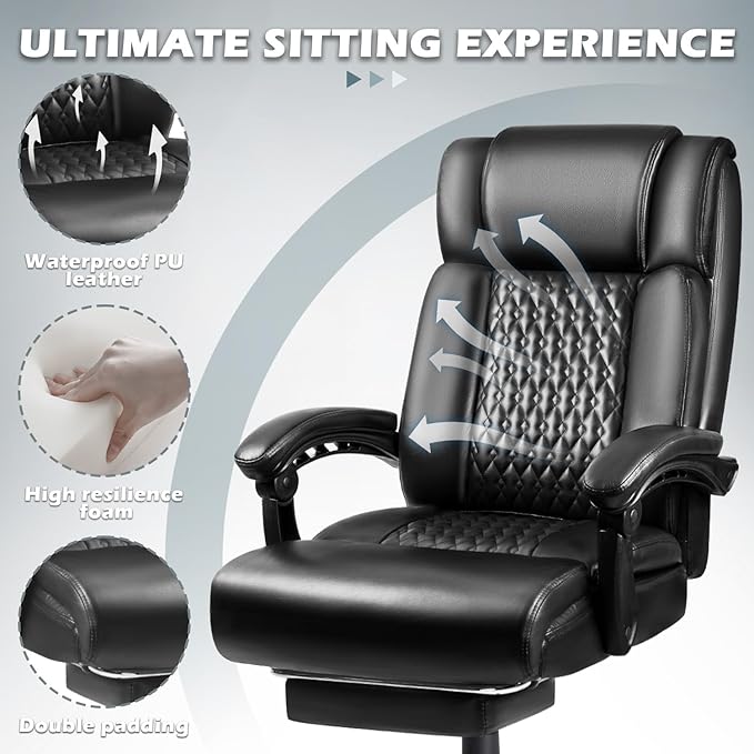 Big and Tall Office Chair with Foot Rest 400lbs, Heavy Duty Executive Leather Office Chair for Heavy People, Comfy High Back Ergonomic Office Desk Chair with Footrest and Lumbar Support, Black