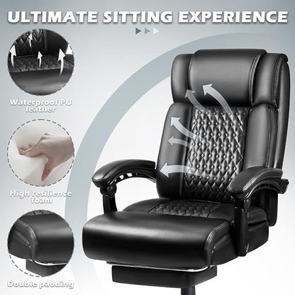Big and Tall Office Chair with Foot Rest 400lbs, Heavy Duty Executive Leather Office Chair for Heavy People, Comfy High Back Ergonomic Office Desk Chair with Footrest and Lumbar Support, Black