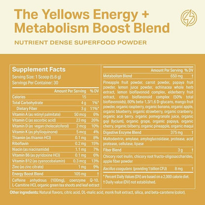 Proper, The Yellows Metabolism and Energy Boost, Sugar Free Energy Drink Powder with 100mg Caffeine. No Creatine or Beta-Alanine. 15 Servings, Pineapple Mango Drink Mix for Men and Women