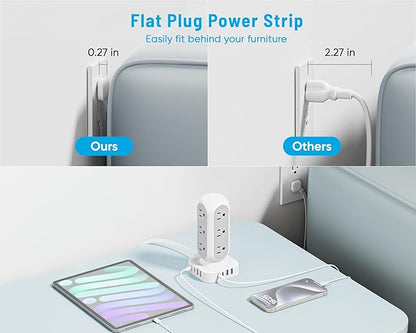 Tower Surge Protector Power Strip, Flat Plug Outlet Extender with 12 AC Outlets & 8 USB Ports, 5 FT Extension Cord with Multiple Outlets, 24W Total Charging Station for Home Office Dorm Room