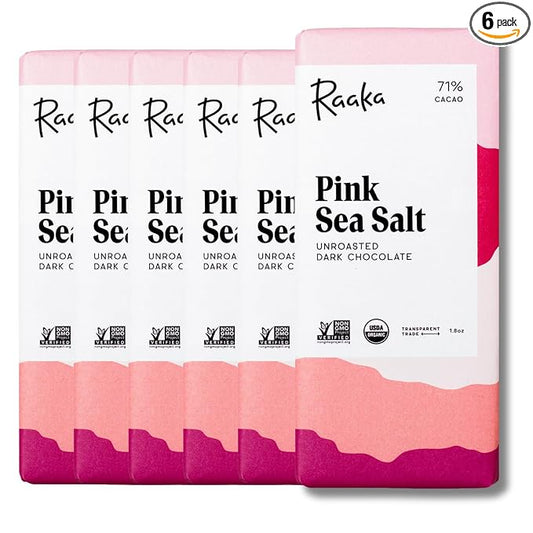 Raaka Pink Sea Salt Organic Dark Chocolate - 71% Cacao - Gourmet Dark Chocolate - Organic, Vegan, Gluten Free, Kosher | 1.8oz Bars, 6-Pack