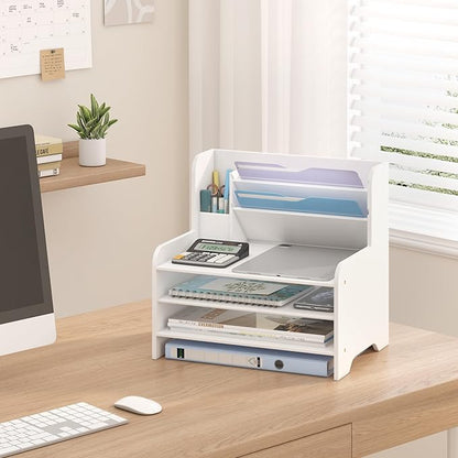 Desk File Organizer - 6-Tier Desktop Mail Letter Tray Paper Document Organizer with Pen Holder for Home Office Supplies, Office Desk Accessories & Workspace (White)