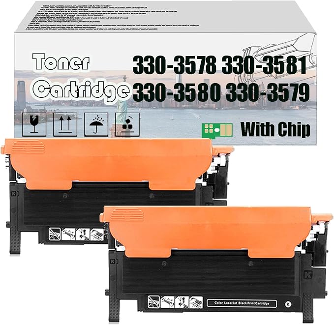 330-3578 330-3581 330-3580 330-3579 Toner Cartridge, Compatible for Dell 1230C 1230cn 1235cn Multifunction Color Laser Printers —— High Print Volume with Chip Black*2