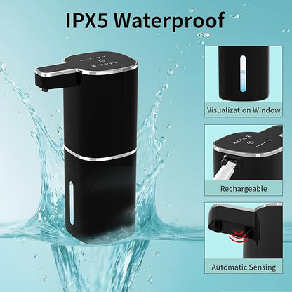Automatic Soap Dispenser Touchless, Wall Mounted Smart Soap Dispenser, USB Rechargeable, 4 Adjustable Levels, 14.2oz / 420ml Large Capacity, for Bathroom, Kitchen, School (Black, Liquid)