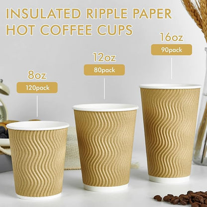 8 oz Coffee Cups, 120 Count Insulated Ripple Wall Paper Hot Coffee Cups for Hot Beverage