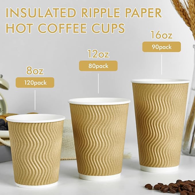 12 oz Coffee Cups, 80 Count Insulated Ripple Wall Paper Hot Coffee Cups for Hot Beverage