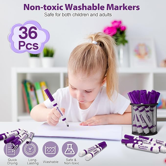 Janlaugh 36 Pcs purple Washable Markers Bulk Coloring Broad Line Markers for Kids purple Conical Tip drawing pen for School Supplies, travel Art baby shower gender reveal party Supplies, Ages 6+