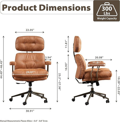 HOOOWOOO Mid-Century Modern Ergonomic Office Chair, Extra Wide Comfy Executive Chair with Lumbar Support, Suede Leather Light Brown