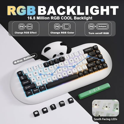 YUNZII C68 Panda Wireless Mechanical Gaming Keyboard, 68 Keys Cute Layout with PBT Keycaps,RGB Backlit, Hot Swappable,Creamy Switches,BT5.0/2.4G/Wired for Win/Mac(White,Panda Switch)