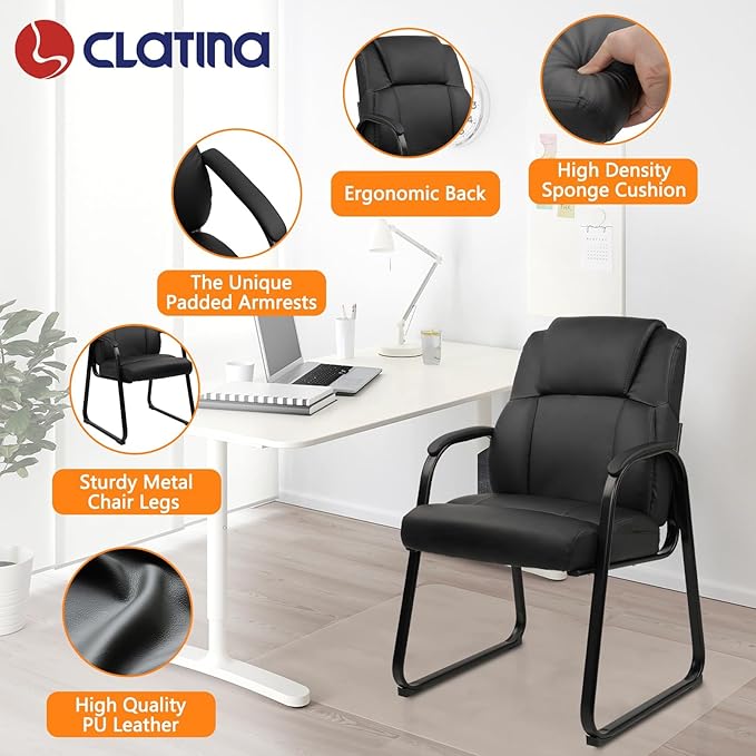 CLATINA Ergonomic Black Guest Chair with Arms Set of 4- Office Reception & Conference Seating, PU Leather Meeting Chairs with Sled Base for Waiting Rooms & Home Offices