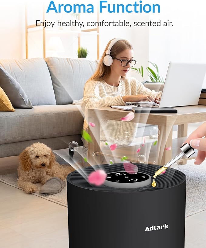 2 Pack Air Purifiers for Home Bedroom, ADTARK Air Cleaner with H14 True HEPA 3-in-1 Filter, Sleep Mode & Aroma Function, 3 Light Modes, Room Air Purifier with 3 Timer for Office, Dorm, Hotel (Black)