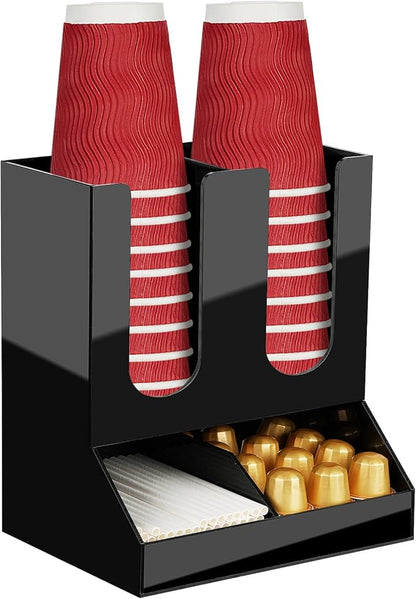 MYITYARD Coffee Station Organizer for Countertop, 2-Tier Coffee Bar Accessories, Acrylic Condiment and Cup Storage Organizer, 4 Compartments, Cup and Lid Holder for Pods, Syrup, Stirrer