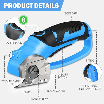 Cordless Electric Scissors, 4V Box Cutter & Cardboard Cutter with Upgrade Blade, LED Light, Safety Lock - Rechargeable Rotary Cutter for Fabric, Leather, Plastic, Crafting, Sewing, Industrial (Blue)