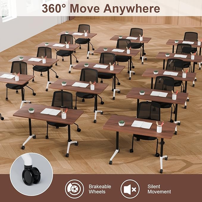 Conference Table, Folding Conference Room Table On Wheels Foldable Office Conference Table Moderen Modular Conference Training Table for Classroom Meeting(Walnut, 47.2IN, 4)
