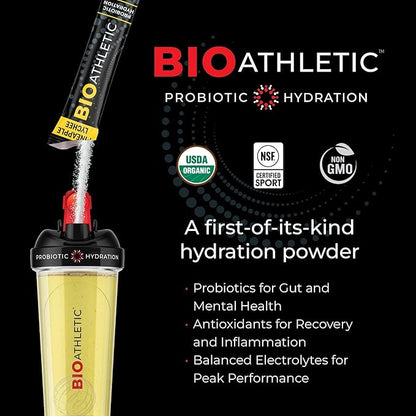 Probiotic + Electrolyte Hydration Drink Mix, with Vitamins D & B12, USDA Organic, NSF Certified for Sport, Subtle Pineapple Lychee Flavor, Naturally Light Taste, 10 Sticks