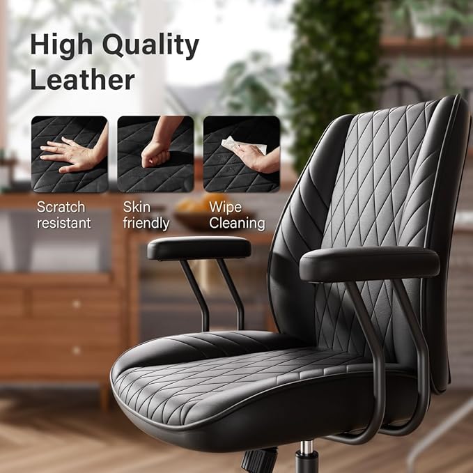 Black Leather Office Desk Chair with Wheels, Quiet Casters, Height Adjustable, Padded Arms, Vintage Mid Century Office Chair, Retro Style Desk Chair