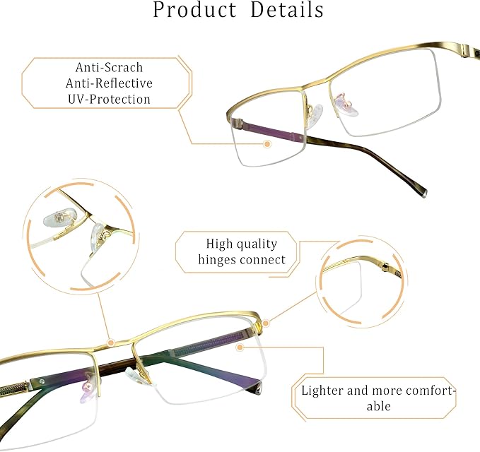 LifeArt Alloy Semi-Rimless Reading Glasses,Blue Light Blocking Glasses, Anti Eyestrain, Computer Gaming Glasses, TV Glasses for Men, Anti Glare (Golden, +0.75 Magnification)