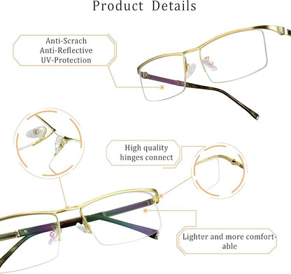 LifeArt Alloy Semi-Rimless Reading Glasses,Blue Light Blocking Glasses, Anti Eyestrain, Computer Gaming Glasses, TV Glasses for Men, Anti Glare (Golden, +3.50 Magnification)