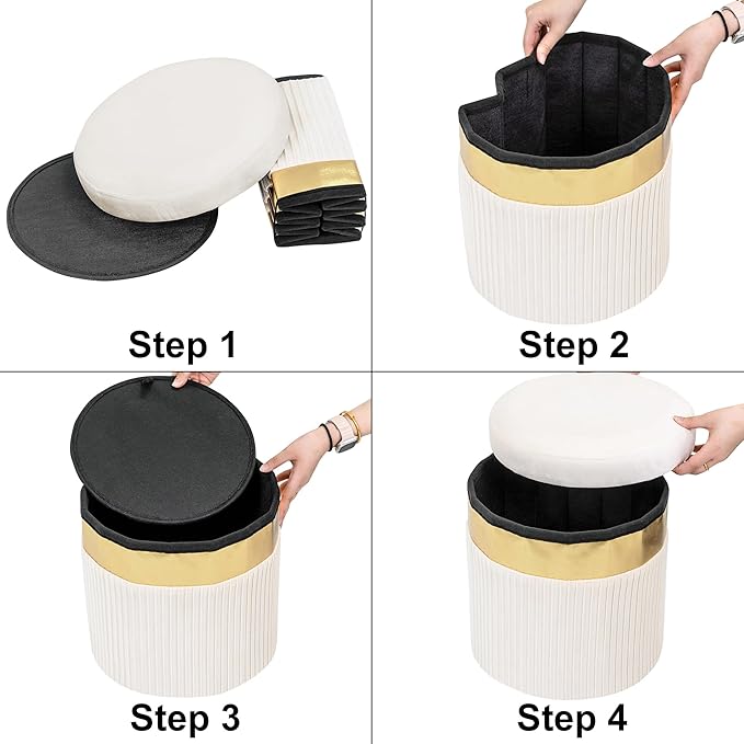xuperbonusSmall Ottoman with Storage,Folding Round Ottoman with Gold Trim,Velvet Storage Stool,Foot Stool with Soft Padded,Foot Rest for Living Room13“x13”x12.4(YZbeige,1pcs)