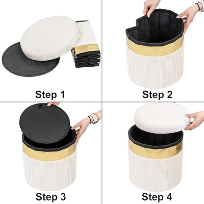 xuperbonusSmall Ottoman with Storage,Folding Round Ottoman with Gold Trim,Velvet Storage Stool,Foot Stool with Soft Padded,Foot Rest for Living Room13“x13”x12.4(YZbeige,1pcs)