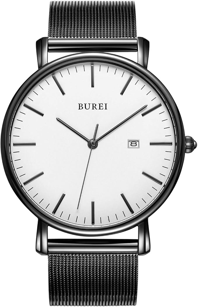 BUREI Men Watches Brown Leather Fashion Minimalist Wrist Watch Simple Ultra Thin Waterproof Quartz Watches All Black Stainless Steel Mesh Band,Gift for Men Women