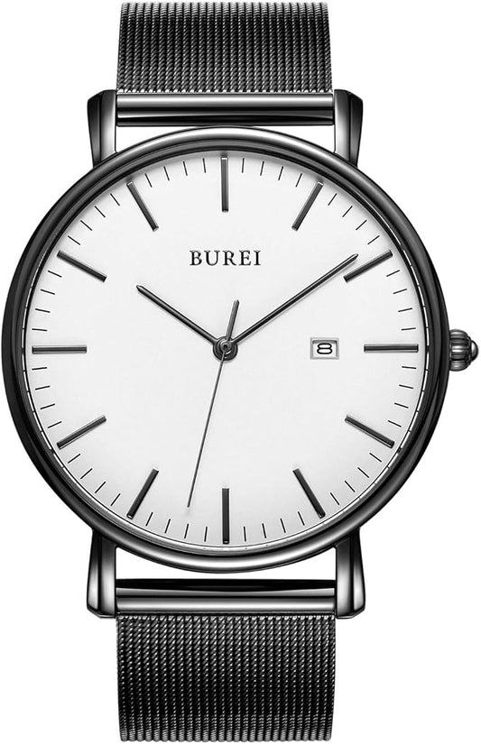 BUREI Men Watches Brown Leather Fashion Minimalist Wrist Watch Simple Ultra Thin Waterproof Quartz Watches All Black Stainless Steel Mesh Band,Gift for Men Women