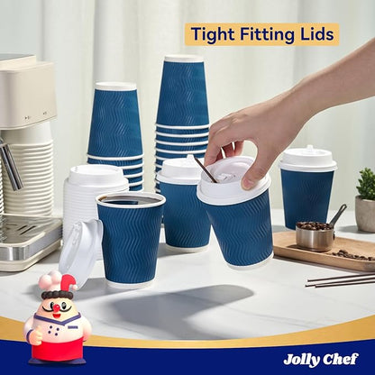 JOLLY CHEF 100 Pack Disposable Coffee Cups, 12oz To Go Paper Coffee Cups with Lids and Stirrers for Hot Beverage