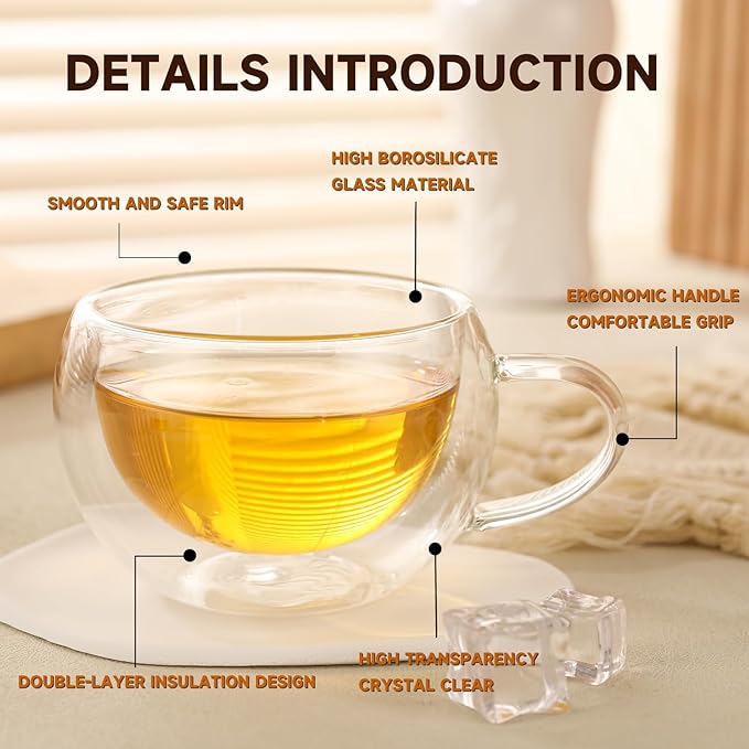 Double Wall Insulated Glass Tea Cups Set of 4, Clear Borosilicate Glass Espresso Shot Cups for Espresso Machine, Teacups Coffee Mugs with Handle for Cappuccino Latte, 7OZ/200ML