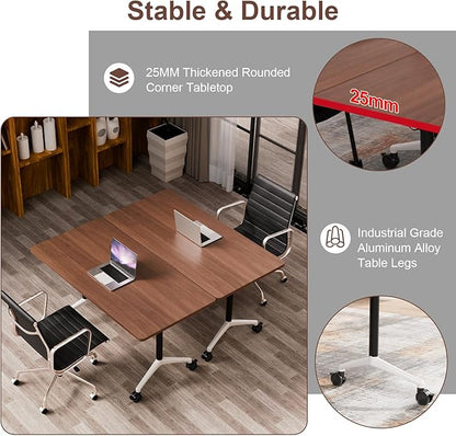 Conference Table, Folding Conference Room Table On Wheels Foldable Office Conference Table Moderen Modular Conference Training Table for Classroom Meeting(Walnut, 47.2IN, 4)