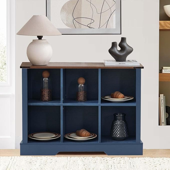 6 Cube Storage Organizer with LED Lights, Wooden Bookcase with Storage, Modern Cube Shelf for Living Room, Bedroom, Home Office - Blue
