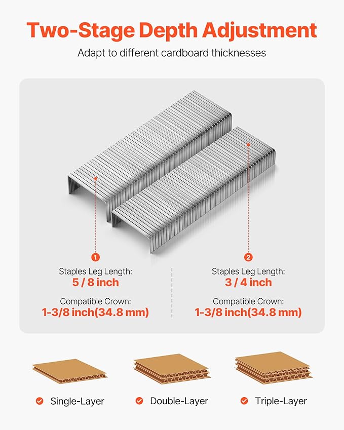VEVOR Pneumatic Carton Closing Stapler, 13 Gauge Pneumatic Cardboard Staple Gun for 1-3/8 inch Crown 5/8" & 3/4" Length, Depth-Adjustable 70-120 PSI Air Staple Gun for Boxes Carton Closing, Packaging
