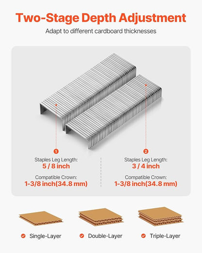 VEVOR Pneumatic Carton Closing Stapler, 13 Gauge Pneumatic Cardboard Staple Gun for 1-3/8 inch Crown 5/8" & 3/4" Length, Depth-Adjustable 70-120 PSI Air Staple Gun for Boxes Carton Closing, Packaging