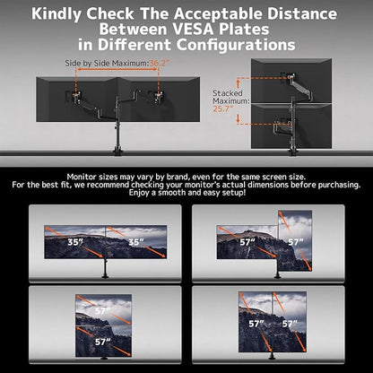 Dual Monitor-Arm Heavy-Duty for 17-57-Inch Screens - 23.8'' Tall Vertical Dual Monitor Mount, Fully Adjustable Stacked Double Monitor Desk Mount Stand, Max Load 44 lbs/Screen, VESA 75/100 mm, Black