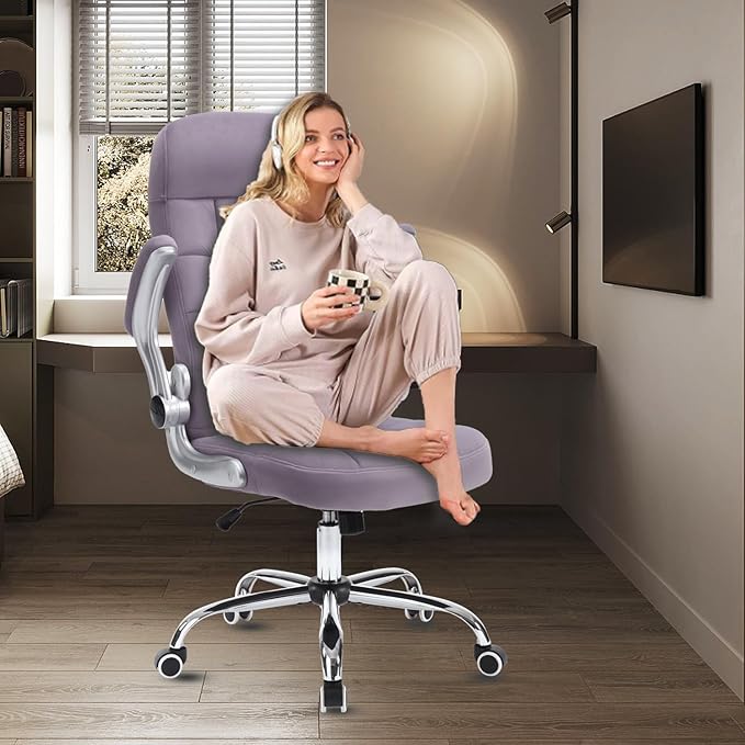 High Back Fabric Office Chair Purple, Velvet Executive Desk Chairs with Flip-Up Arms, Ergonomic Office Chairs with Lumbar Support, Upholstered Home Computer Swivel Chair with Wheels