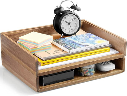 DRASTAR Paper Organizer Letter Tray, 2 Packs Acacia Wooden Stackable Letter Tray, A4 File Sorter Desk Organizer, Desk Organizers and Accessories for Home Office Supplies