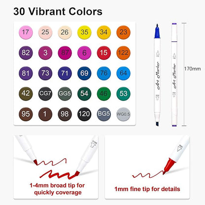 Lelix 30 Colors Art Markers, Dual Tip Permanent Marker Pens Highlighters Perfect for Kids Adults Artist Drawing Sketching Card Making & Coloring Books