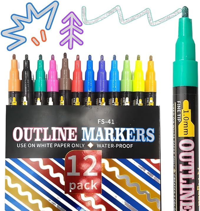 Marker Pen for Highlight,Dual-Line Highlighter Outline Marker Set, Metallic Paint Markers for Black Paper Pens Glitter Markers Scrapbook Supplies (12 Colors)