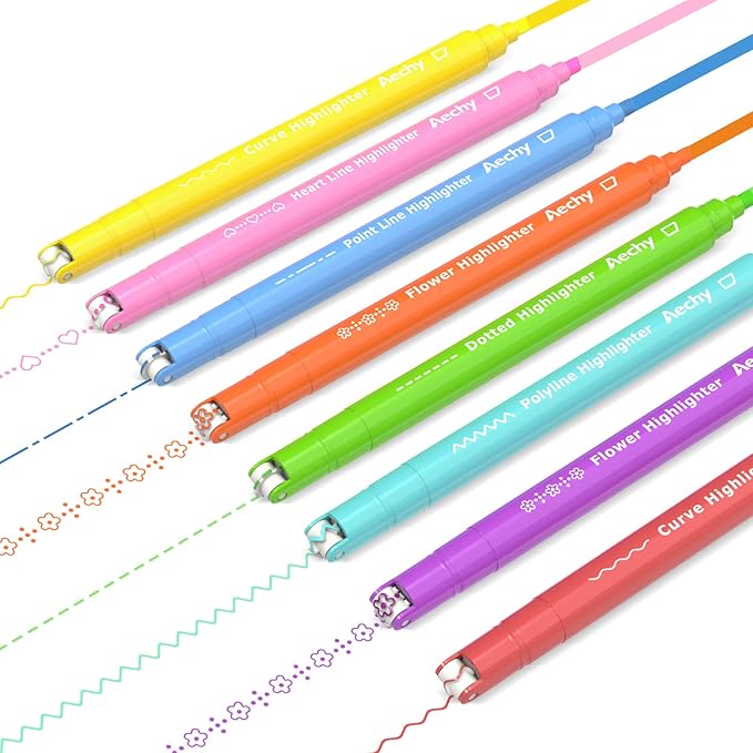 AECHY 8PCS Curve Highlighter Pen Set, Dual Tip Marker Pens with 6 Different Curve Shapes & 8 Colors Mark Lines, Aesthetic Curve Marker Highlighter for Journal Planner School Supplies